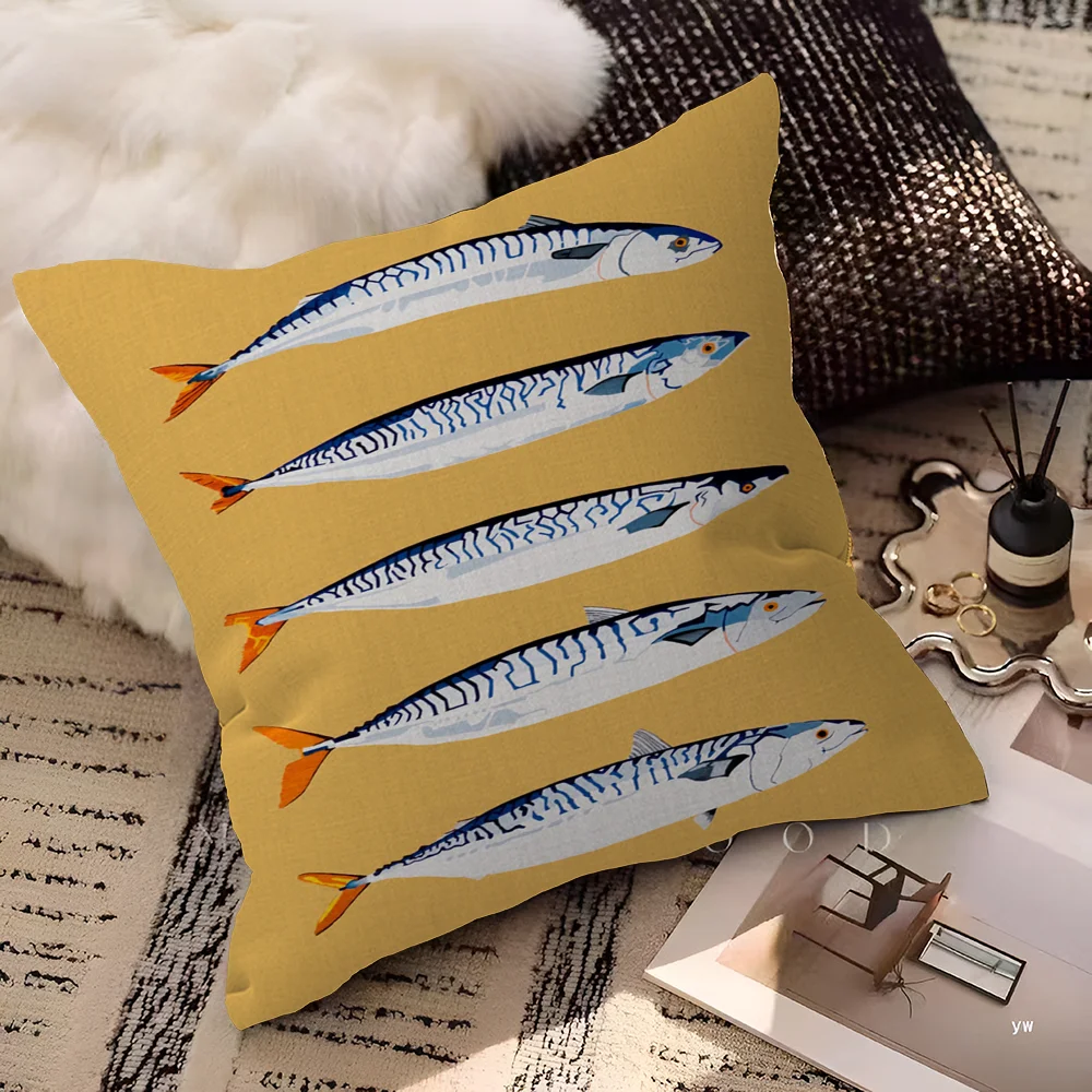 Artistic Sardine Pillow Cover | Modern Fish Print Cushion Case | Coastal Home Decor | 16", 18", 20" Sizes