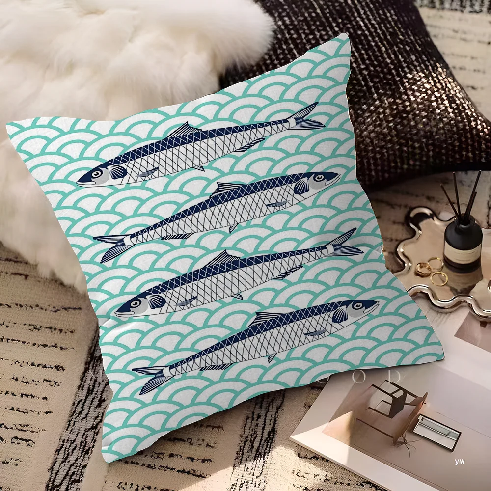 Artistic Sardine Pillow Cover | Modern Fish Print Cushion Case | Coastal Home Decor | 16", 18", 20" Sizes
