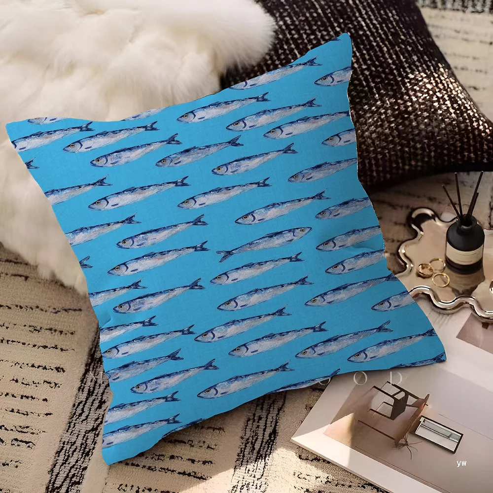 Artistic Sardine Pillow Cover | Modern Fish Print Cushion Case | Coastal Home Decor | 16", 18", 20" Sizes