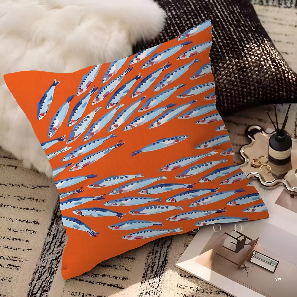 Artistic Sardine Pillow Cover | Modern Fish Print Cushion Case | Coastal Home Decor | 16", 18", 20" Sizes