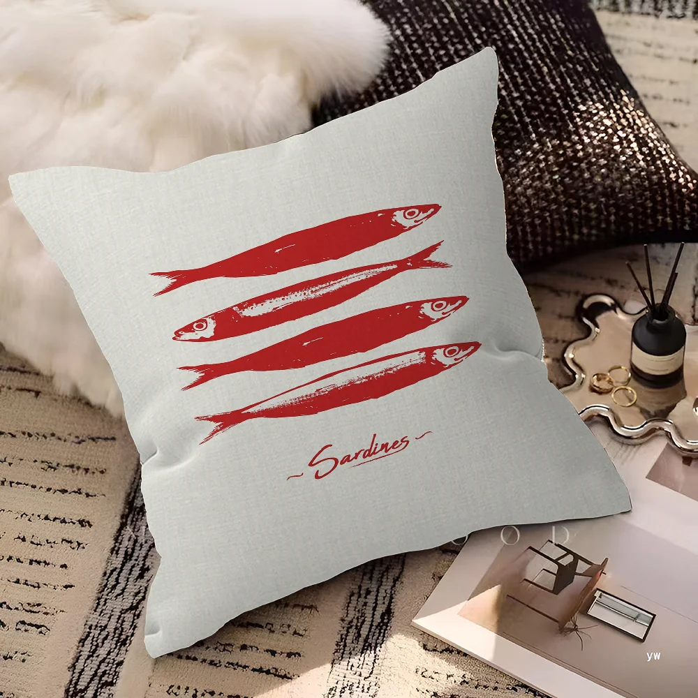 Artistic Sardine Pillow Cover | Modern Fish Print Cushion Case | Coastal Home Decor | 16", 18", 20" Sizes