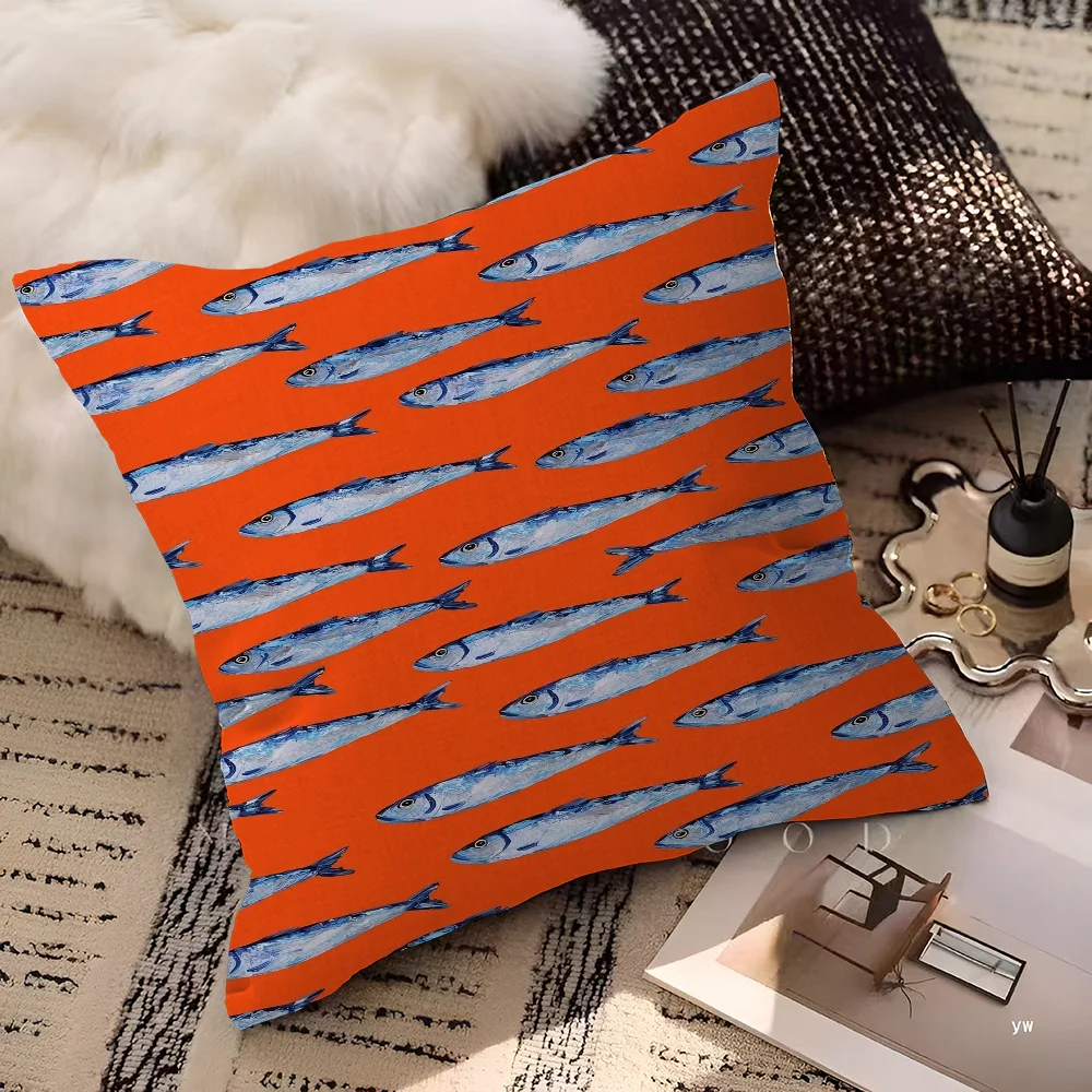 Artistic Sardine Pillow Cover | Modern Fish Print Cushion Case | Coastal Home Decor | 16", 18", 20" Sizes