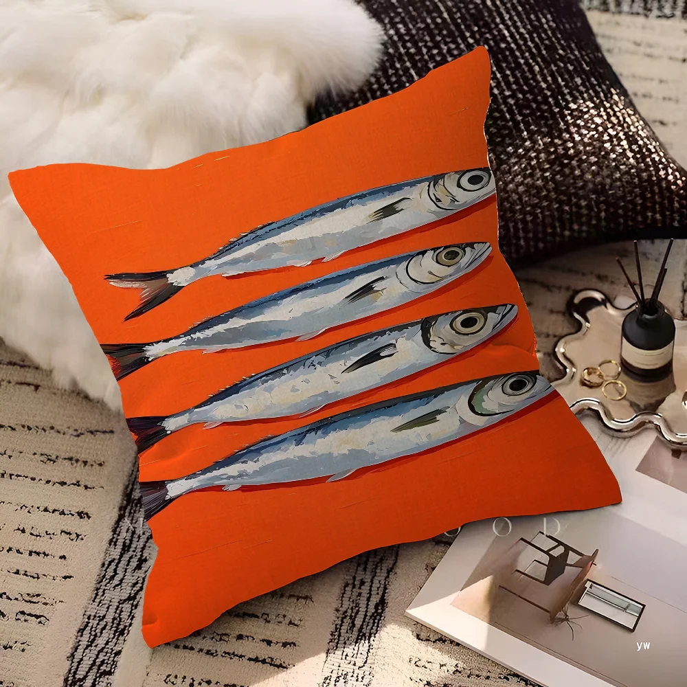 Artistic Sardine Pillow Cover | Modern Fish Print Cushion Case | Coastal Home Decor | 16", 18", 20" Sizes