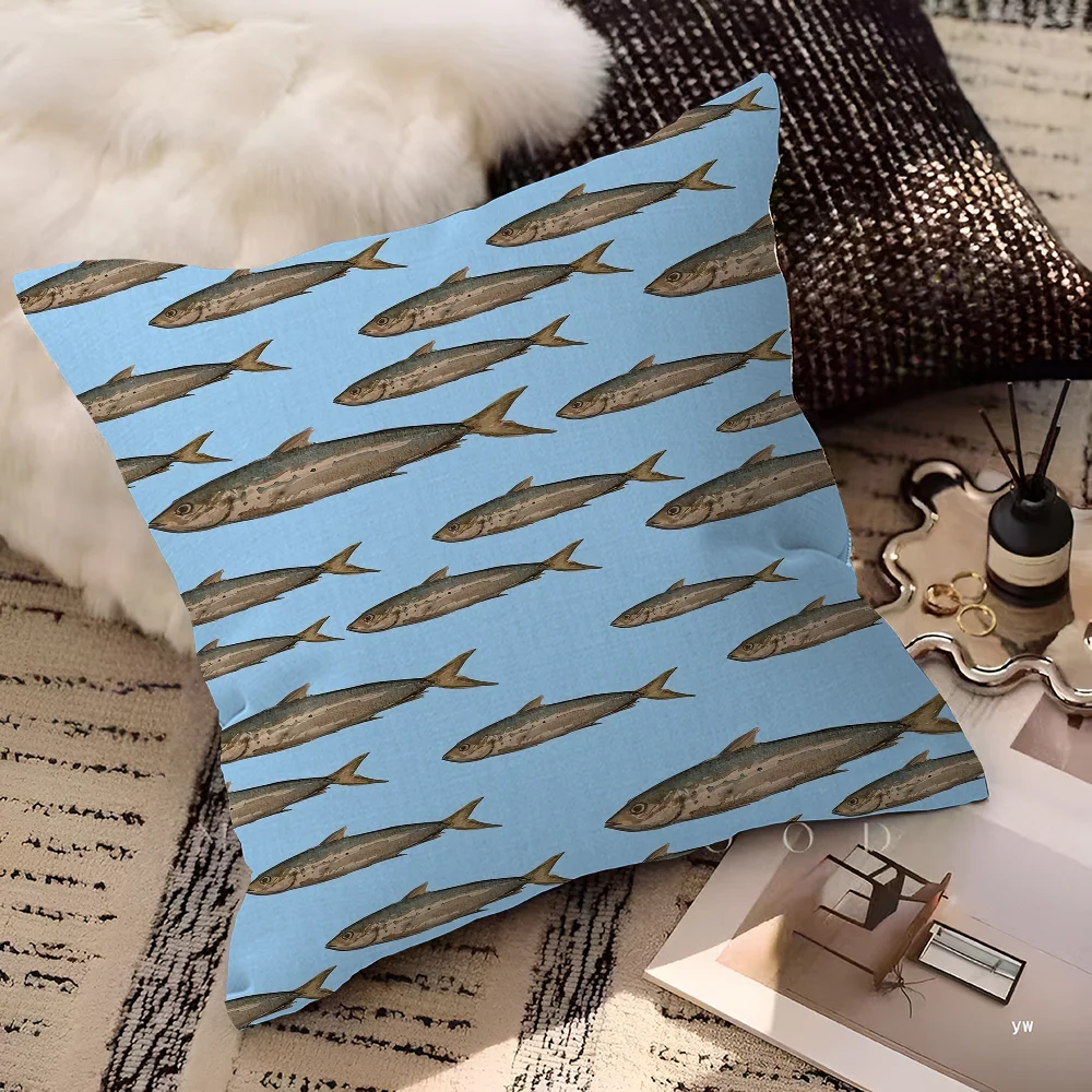 Artistic Sardine Pillow Cover | Modern Fish Print Cushion Case | Coastal Home Decor | 16", 18", 20" Sizes