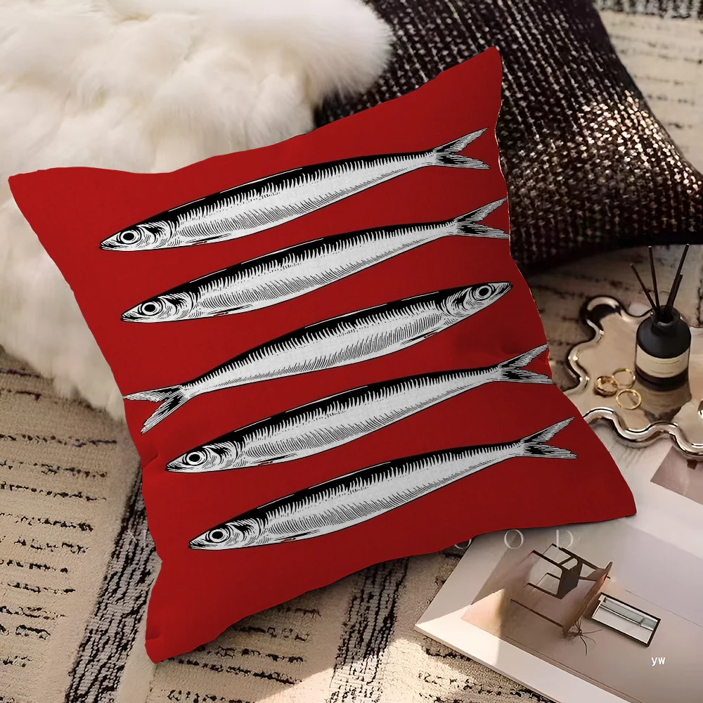 Artistic Sardine Pillow Cover | Modern Fish Print Cushion Case | Coastal Home Decor | 16", 18", 20" Sizes