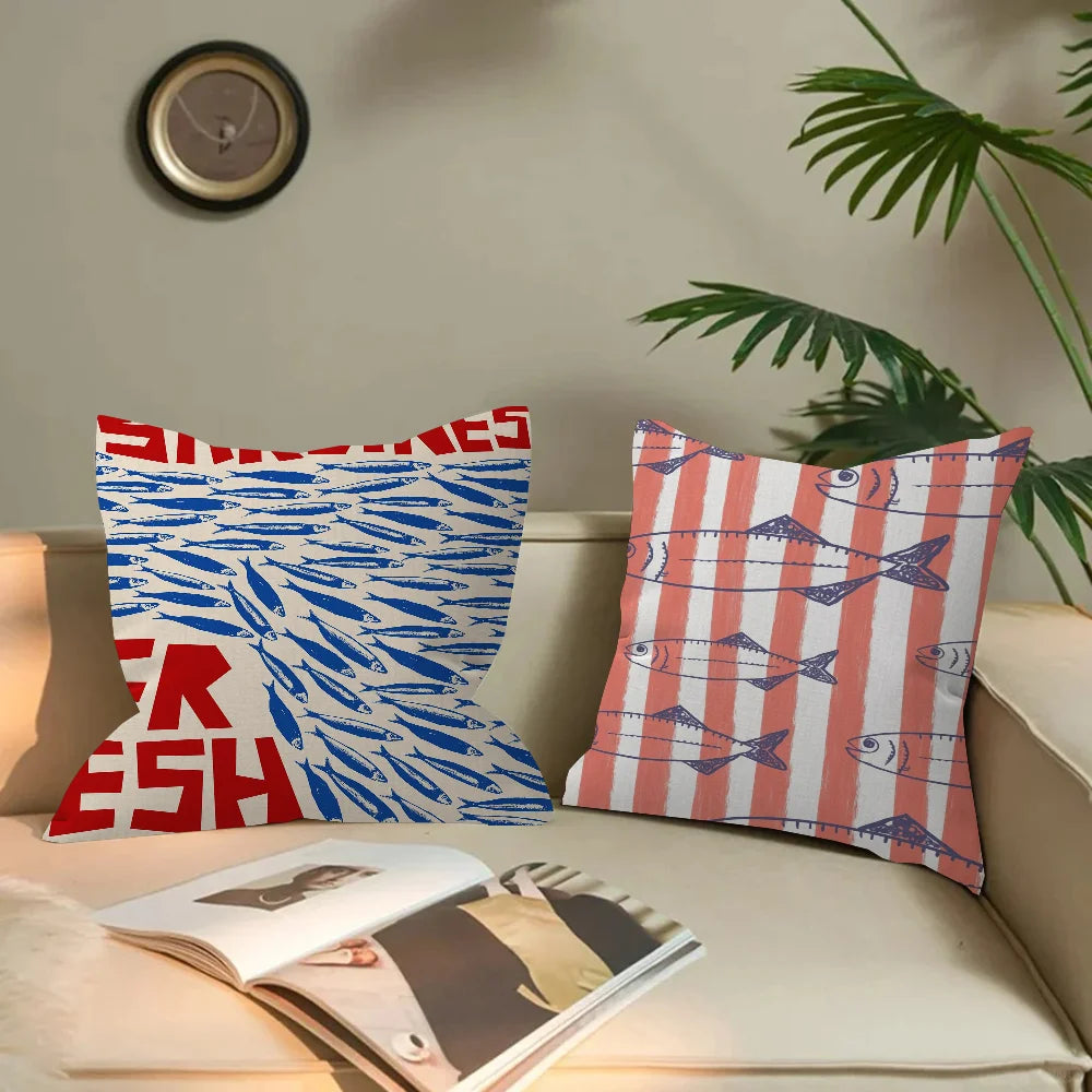 Artistic Sardine Pillow Cover | Modern Fish Print Cushion Case | Coastal Home Decor | 16", 18", 20" Sizes