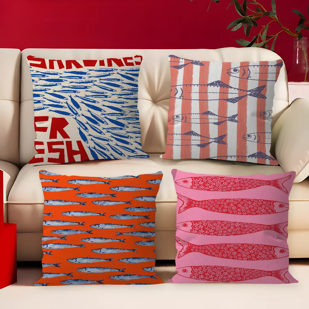 Artistic Sardine Pillow Cover | Modern Fish Print Cushion Case | Coastal Home Decor | 16", 18", 20" Sizes