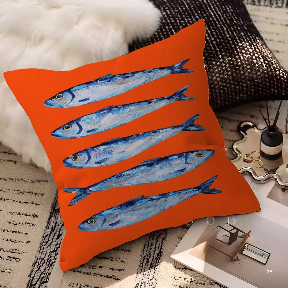 Artistic Sardine Pillow Cover | Modern Fish Print Cushion Case | Coastal Home Decor | 16", 18", 20" Sizes