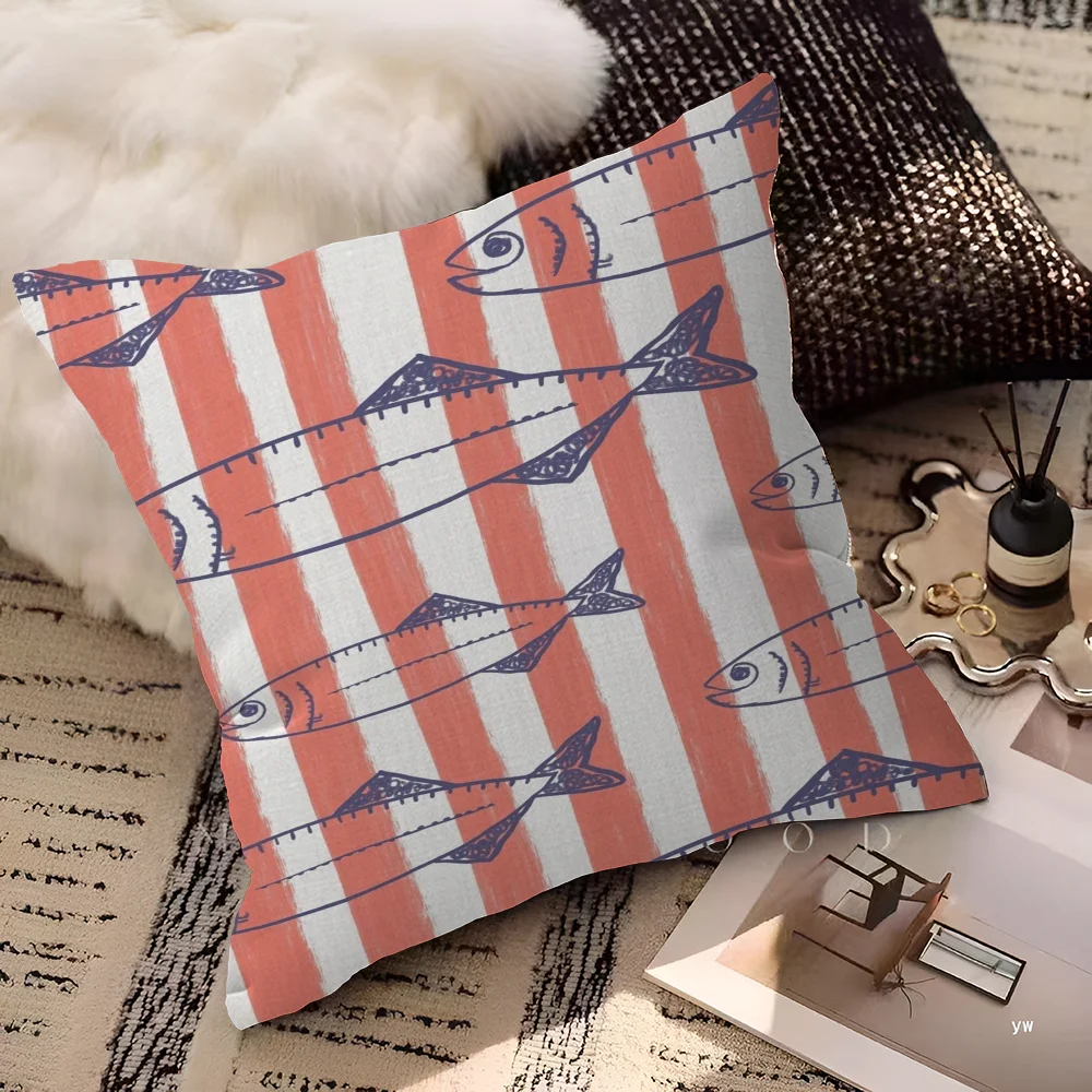 Artistic Sardine Pillow Cover | Modern Fish Print Cushion Case | Coastal Home Decor | 16", 18", 20" Sizes