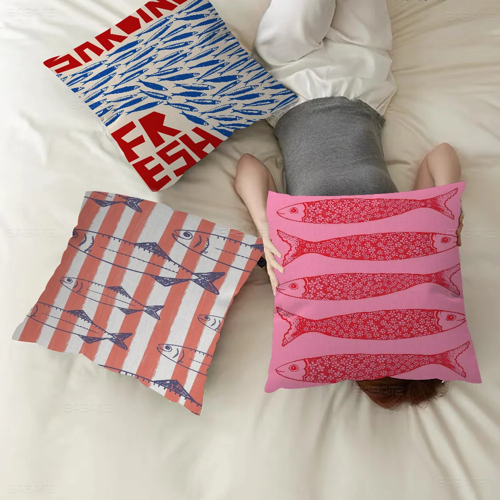 Artistic Sardine Pillow Cover | Modern Fish Print Cushion Case | Coastal Home Decor | 16", 18", 20" Sizes