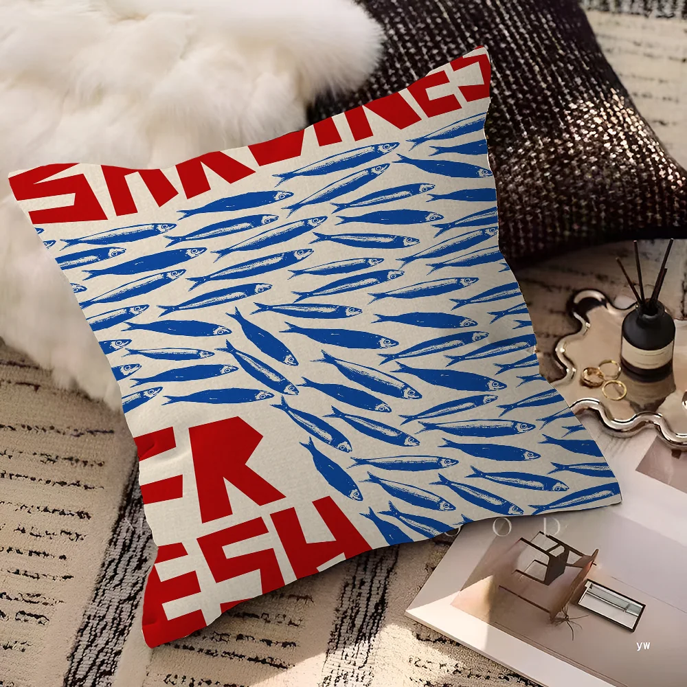 Artistic Sardine Pillow Cover | Modern Fish Print Cushion Case | Coastal Home Decor | 16", 18", 20" Sizes