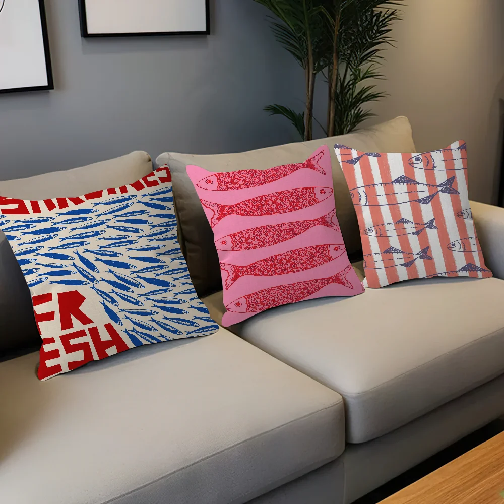 Artistic Sardine Pillow Cover | Modern Fish Print Cushion Case | Coastal Home Decor | 16", 18", 20" Sizes
