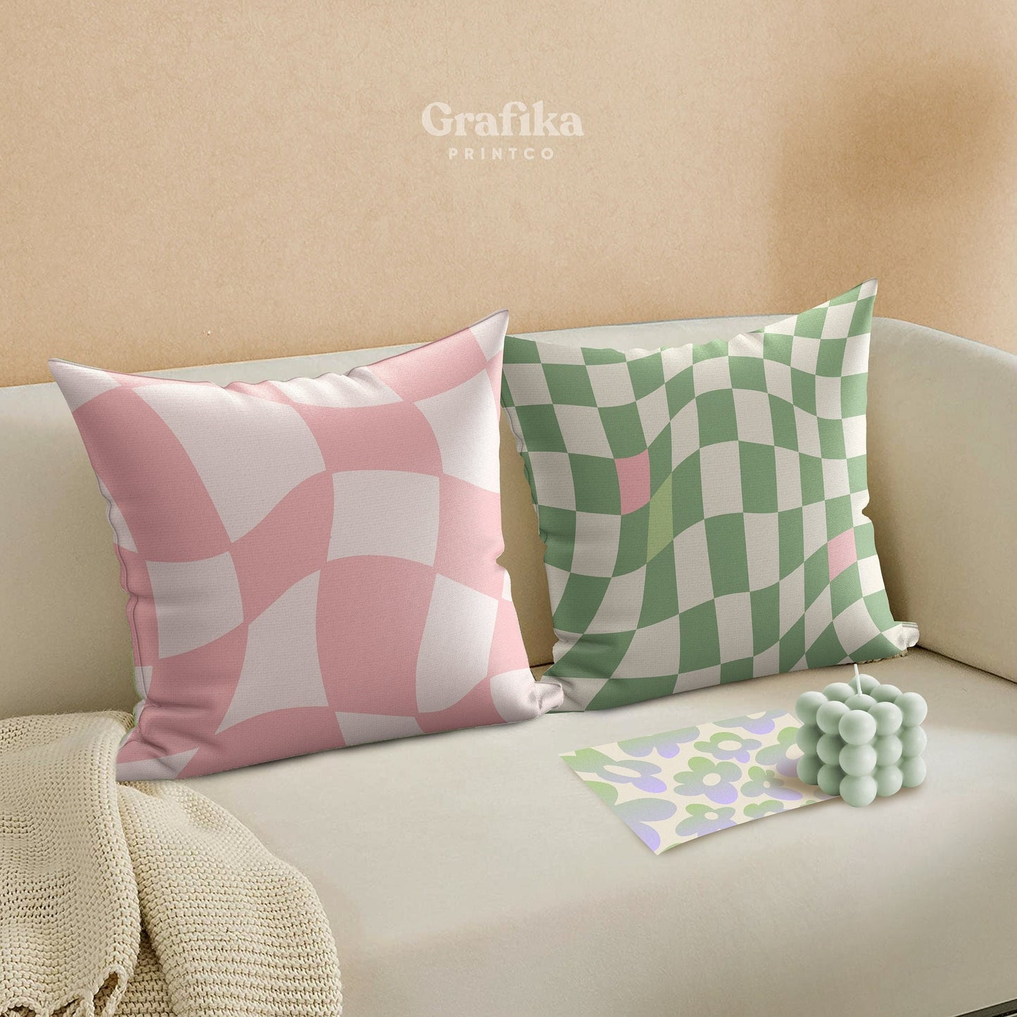 Pink Green Checkered Throw Pillow Cover Set of 2 | Danish Pastel Cushion 20x20 | Y2K Room Decor | Aesthetic Pillow 18x18 16x16