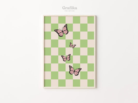 Butterfly Checkered Retro Danish Pastel Printable | Y2K Aesthetic Bedroom Wall Decor | Pinterest Poster | Instant Download