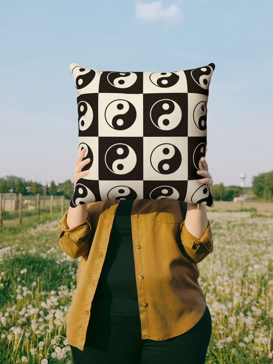 Yin Yang Checkerboard Throw Pillow Cover | Danish Pastel Cushion 20x20 | Y2K Aesthetic Room Decor 18x18 16x16 in Black White