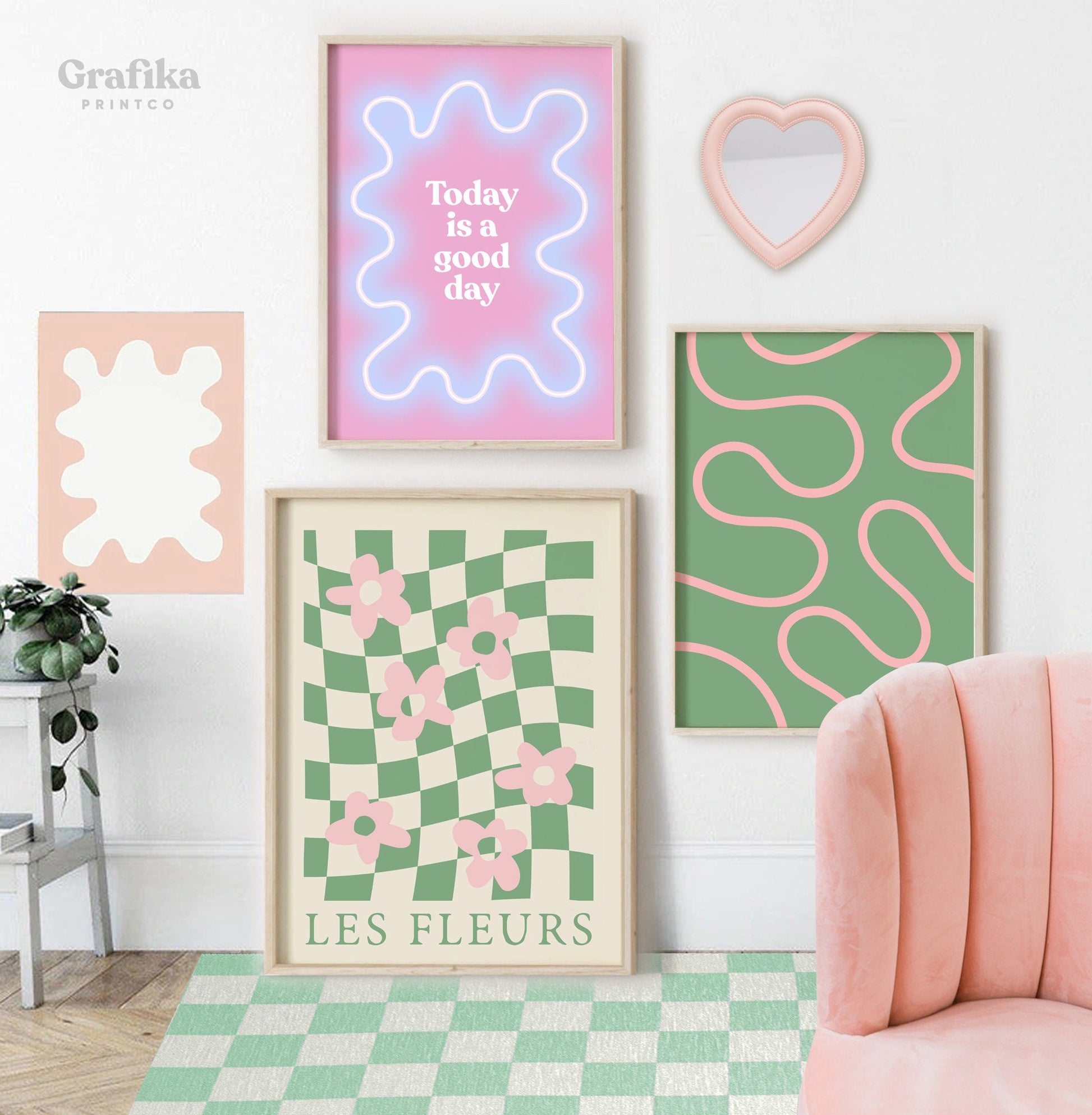 Funky Danish Pastel Printable Set of 3 | Pink Green Aesthetic Room Decor | Pinterest Prints | Flower Groovy Retro Checkerboard Posters