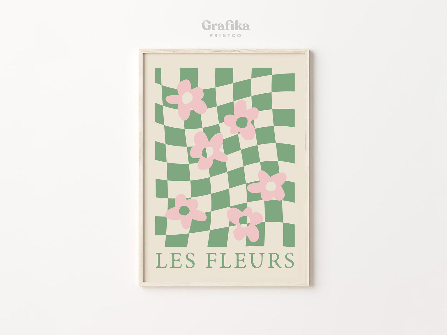 Funky Danish Pastel Printable Set of 3 | Pink Green Aesthetic Room Decor | Pinterest Prints | Flower Groovy Retro Checkerboard Posters