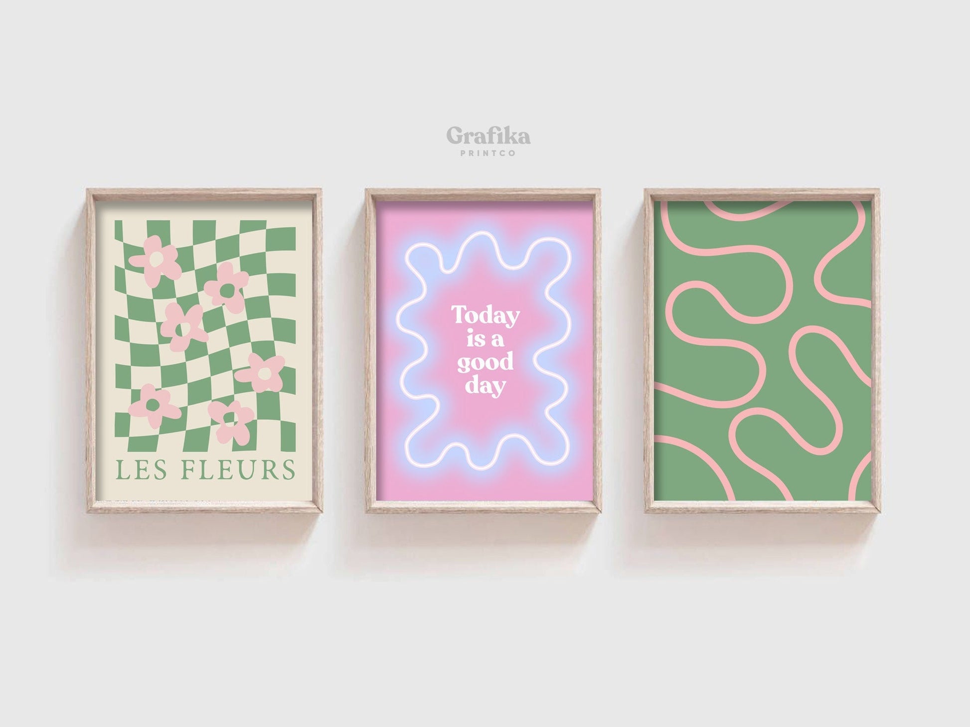 Funky Danish Pastel Printable Set of 3 | Pink Green Aesthetic Room Decor | Pinterest Prints | Flower Groovy Retro Checkerboard Posters