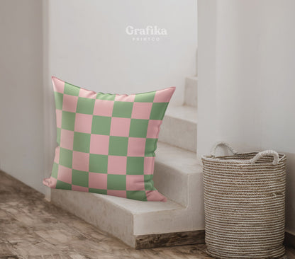 Pink Green Check Pillow Cover | Danish Pastel Pillow Case 18x18 | Y2K Aesthetic Cushion 20x20 16x16 | VSCO Funky Room Decor