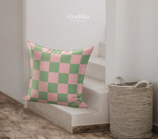 Pink Green Check Pillow Cover | Danish Pastel Pillow Case 18x18 | Y2K Aesthetic Cushion 20x20 16x16 | VSCO Funky Room Decor