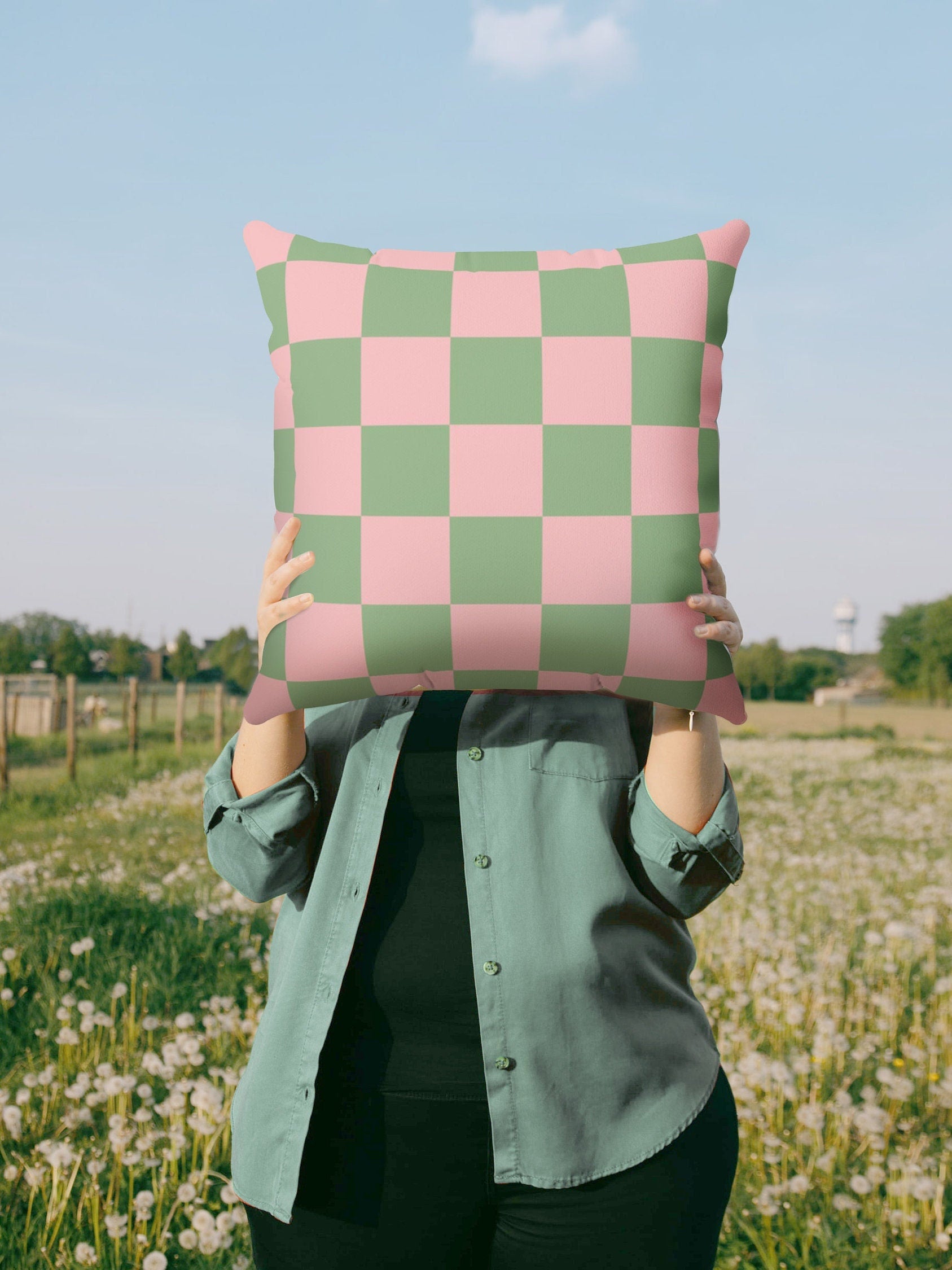 Pink Green Check Pillow Cover | Danish Pastel Pillow Case 18x18 | Y2K Aesthetic Cushion 20x20 16x16 | VSCO Funky Room Decor