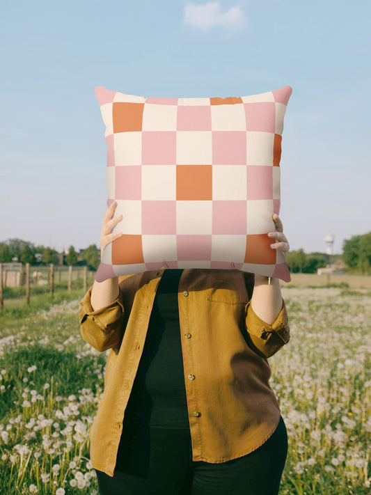 Retro Checkered Pillow Cover in Pink Orange | Danish Pastel Pillow Case 18x18 | Y2K Aesthetic Cushion 20x20 16x16 | VSCO Funky Room Decor