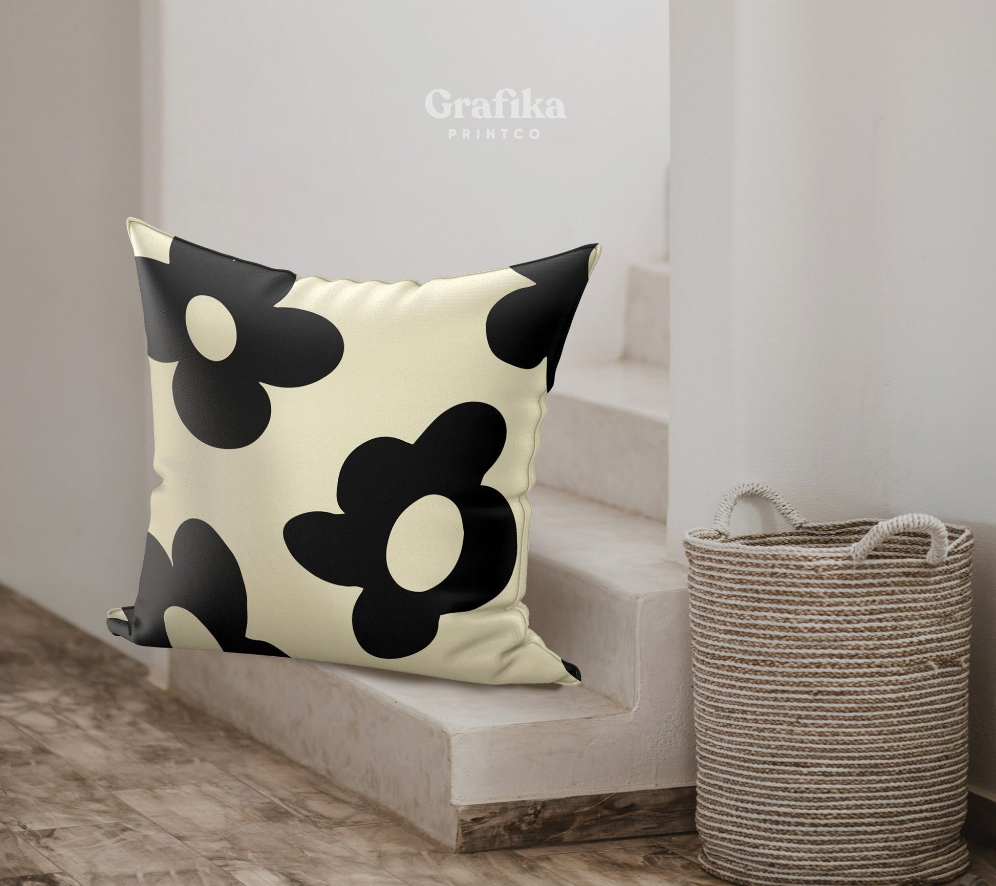 Funky Retro Flower Pillow Cover in Black & White | Danish Pastel Pillow Case 18x18 | Y2K Aesthetic Cushion 20x20 16x16 | VSCO Room Decor