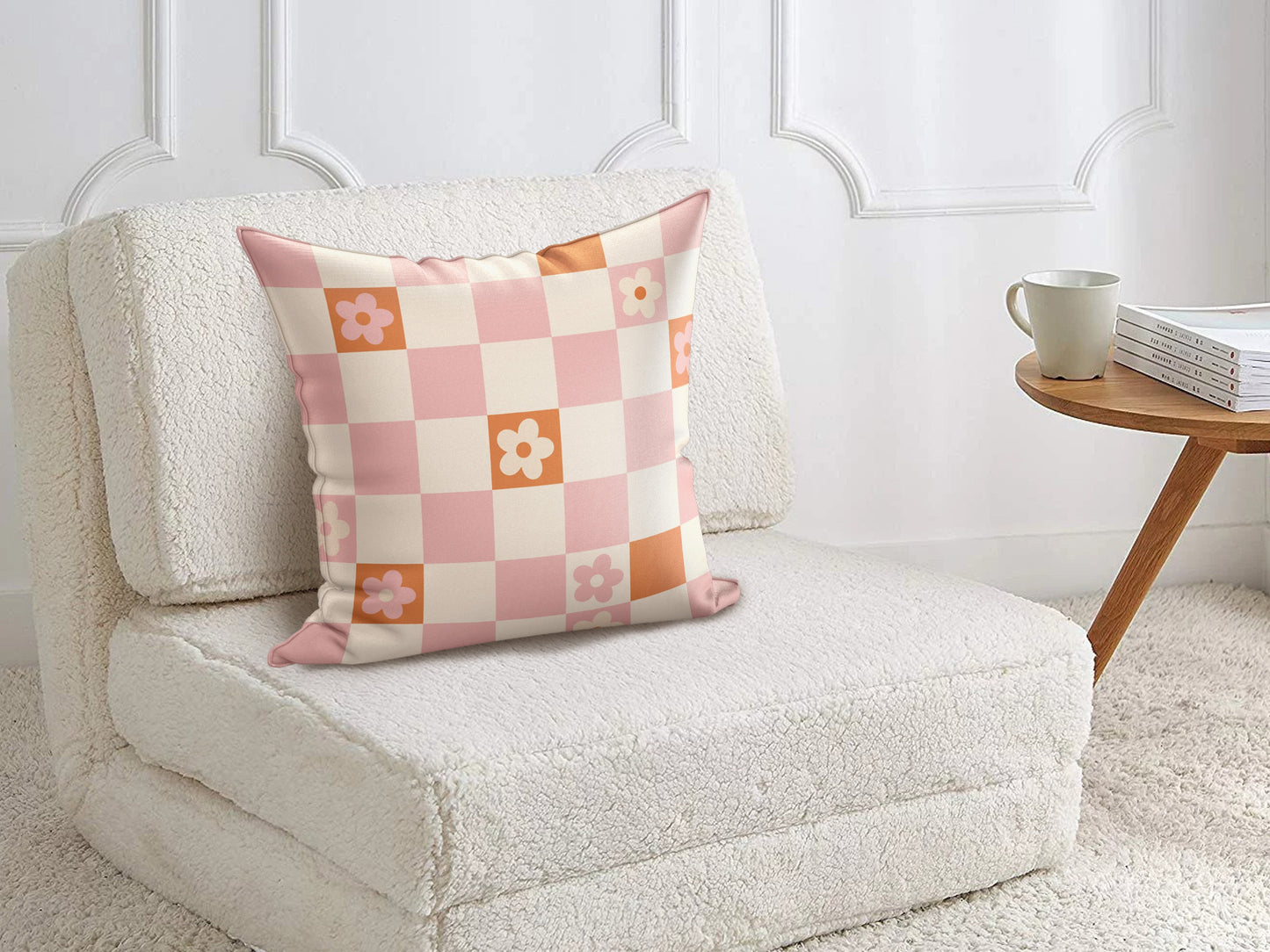 Retro Flower Checker Pillow Cover in Pink Orange | Danish Pastel Pillow Case 18x18 | Aesthetic Cushion 20x20 16x16 | VSCO Funky Room Decor