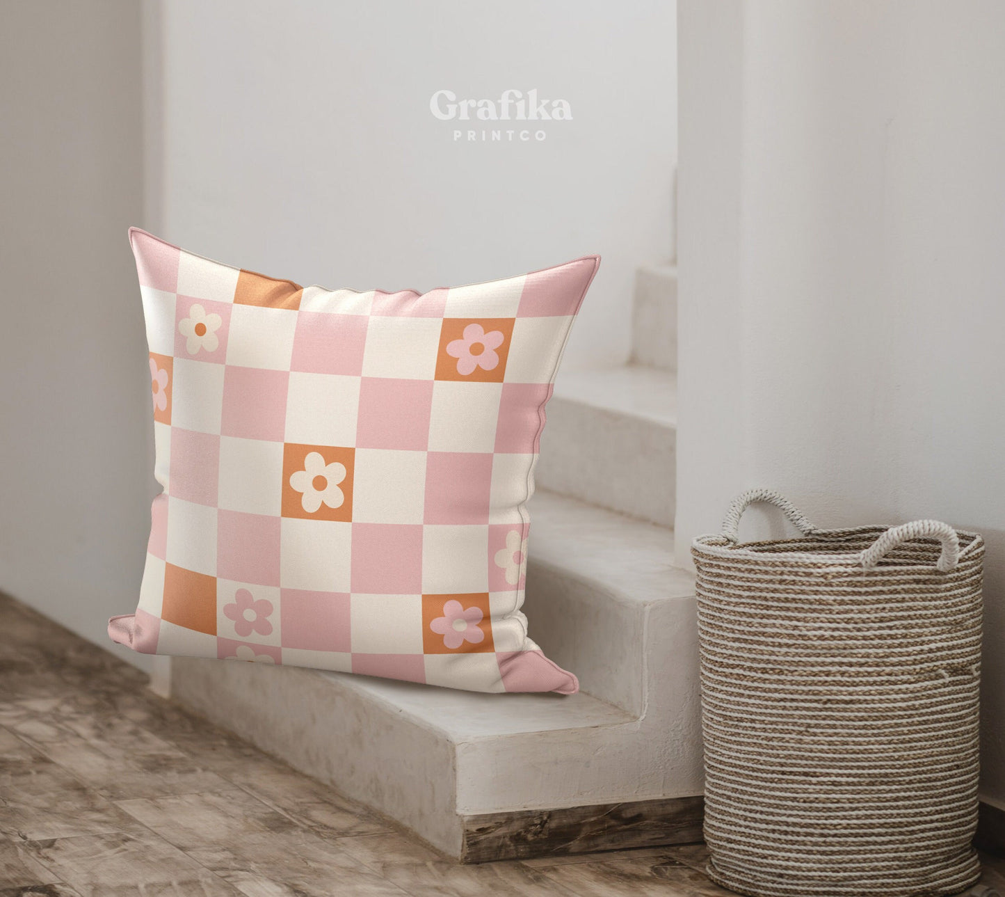 Retro Flower Checker Pillow Cover in Pink Orange | Danish Pastel Pillow Case 18x18 | Aesthetic Cushion 20x20 16x16 | VSCO Funky Room Decor