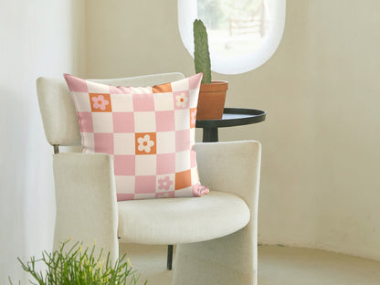 Retro Flower Checker Pillow Cover in Pink Orange | Danish Pastel Pillow Case 18x18 | Aesthetic Cushion 20x20 16x16 | VSCO Funky Room Decor