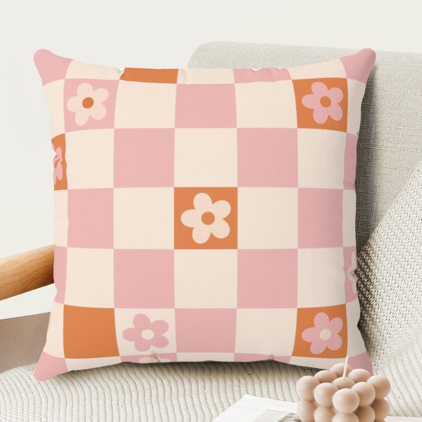 Retro Flower Checker Pillow Cover in Pink Orange | Danish Pastel Pillow Case 18x18 | Aesthetic Cushion 20x20 16x16 | VSCO Funky Room Decor