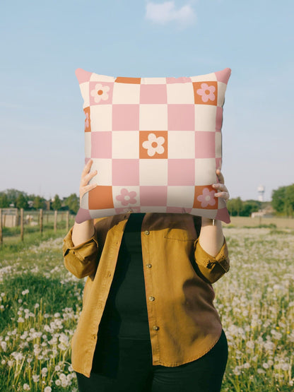 Retro Flower Checker Pillow Cover in Pink Orange | Danish Pastel Pillow Case 18x18 | Aesthetic Cushion 20x20 16x16 | VSCO Funky Room Decor