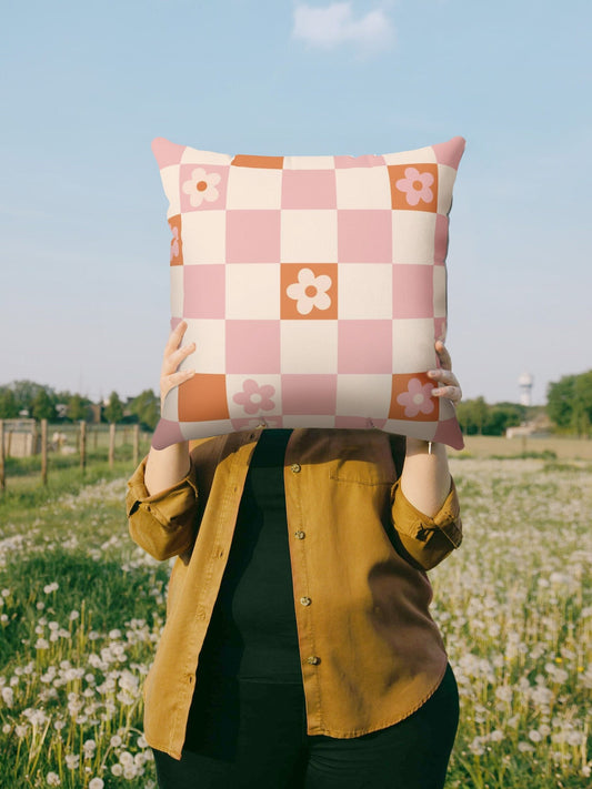 Retro Flower Checker Pillow Cover in Pink Orange | Danish Pastel Pillow Case 18x18 | Aesthetic Cushion 20x20 16x16 | VSCO Funky Room Decor