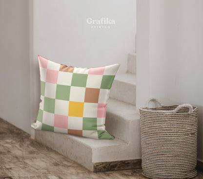 Retro Checkered Pillow Cover | Danish Pastel Pillow Case 18x18 | Aesthetic Cushion 20x20 16x16 | VSCO Room Decor | Accent Green Pink Pillow