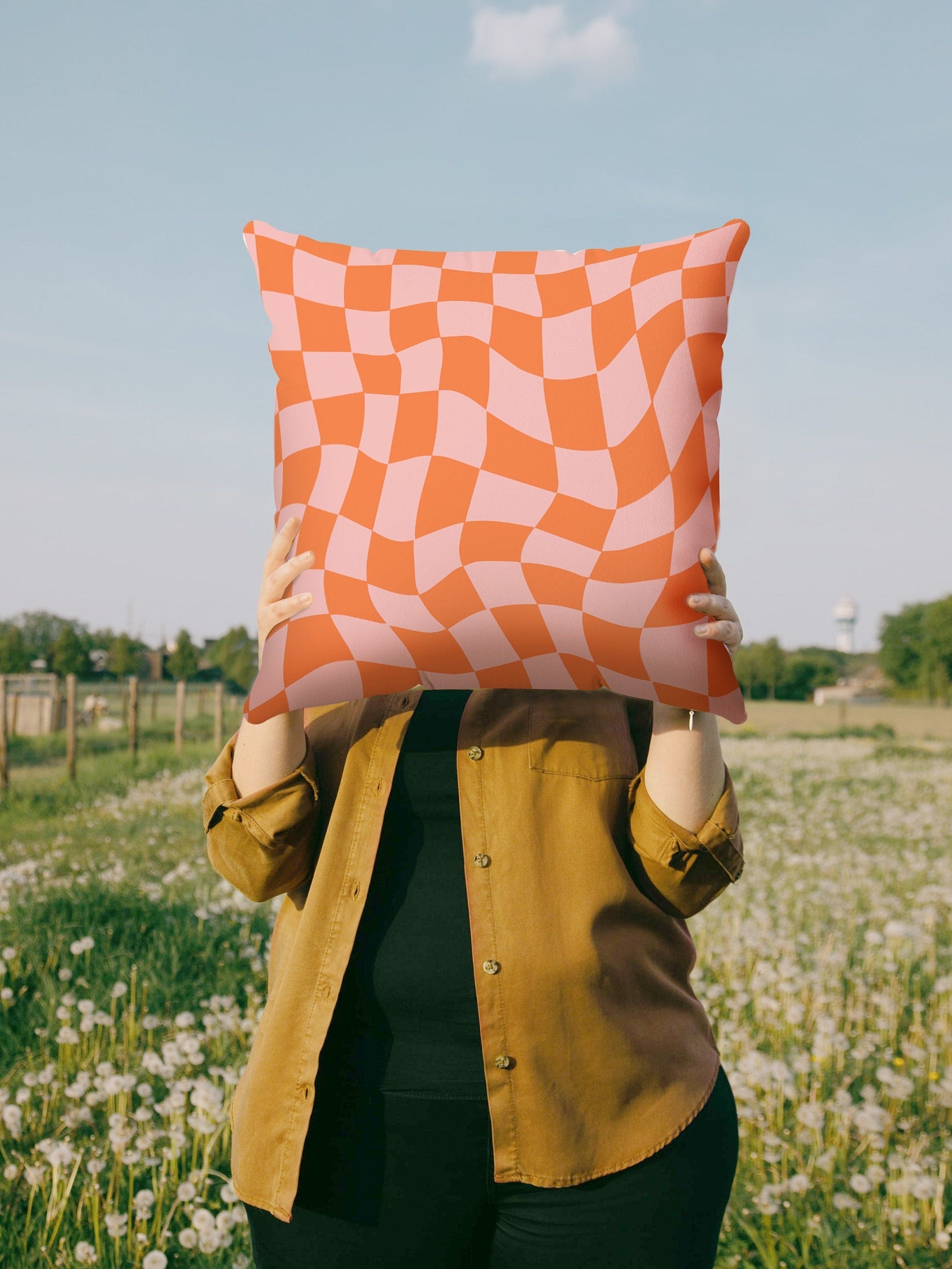 Pink Coral Checkered Pillow Cover | Danish Pastel Pillow Case 18x18 14x14 | Y2K Aesthetic Cushion 20x20 16x16 | VSCO Funky Room Decor