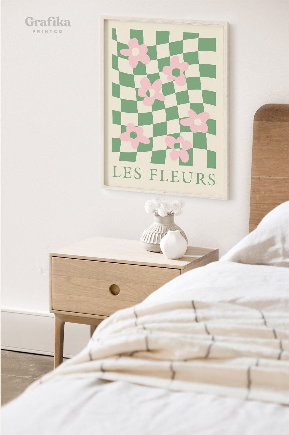 Danish Pastel Flower Checkered Printable | Aesthetic Bedroom Wall Decor | Pinterest Poster | Pastel Green Pink Print | Instant Download