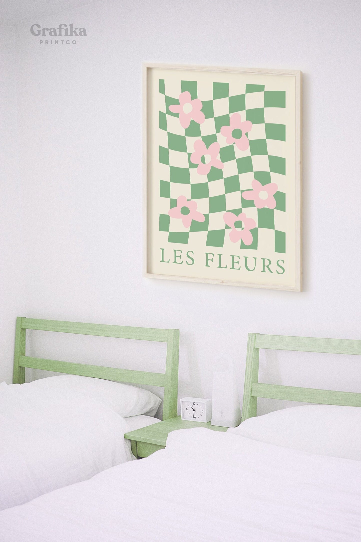 Danish Pastel Flower Checkered Printable | Aesthetic Bedroom Wall Decor | Pinterest Poster | Pastel Green Pink Print | Instant Download