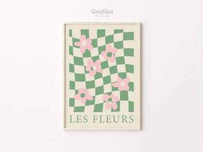 Danish Pastel Flower Checkered Printable | Aesthetic Bedroom Wall Decor | Pinterest Poster | Pastel Green Pink Print | Instant Download