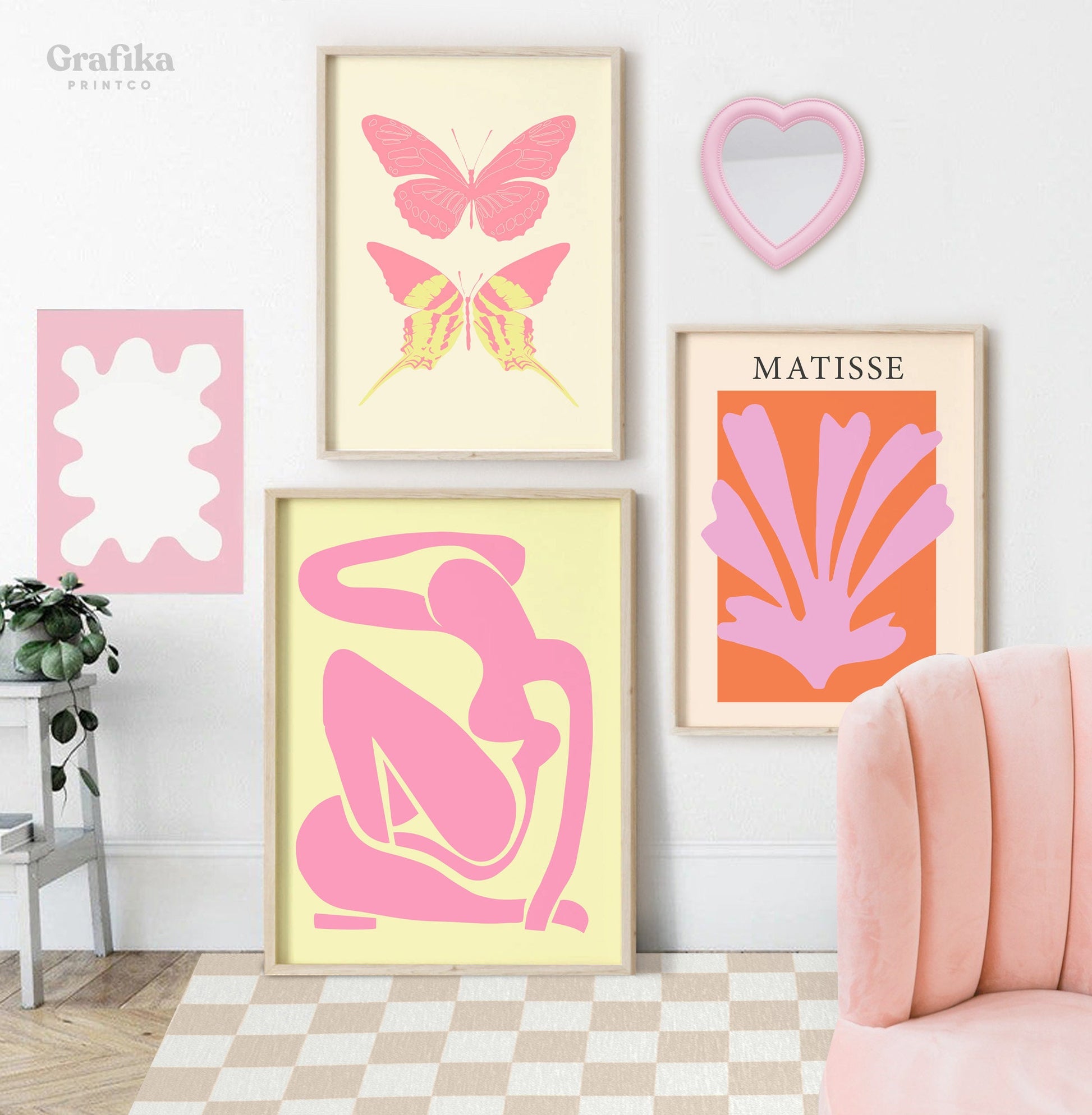 Danish Pastel Poster Set | Pink Yellow Pastel Prints | Pinterest Prints | Aesthetic Room Decor | Matisse Swirl Retro Checkerboard Funky