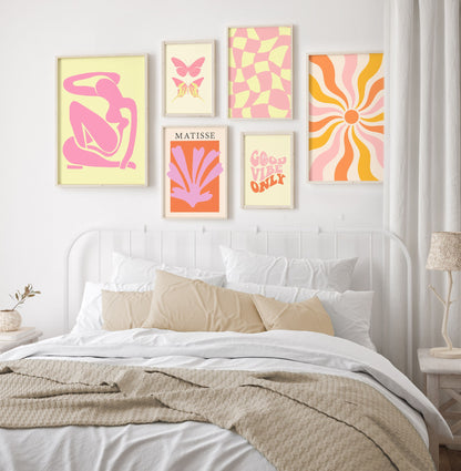 Danish Pastel Poster Set | Pink Yellow Pastel Prints | Pinterest Prints | Aesthetic Room Decor | Matisse Swirl Retro Checkerboard Funky