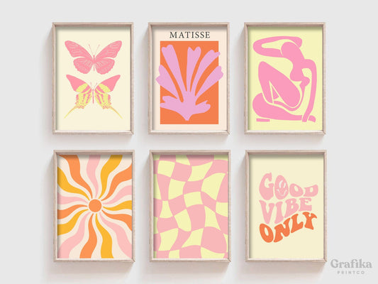 Danish Pastel Poster Set | Pink Yellow Pastel Prints | Pinterest Prints | Aesthetic Room Decor | Matisse Swirl Retro Checkerboard Funky