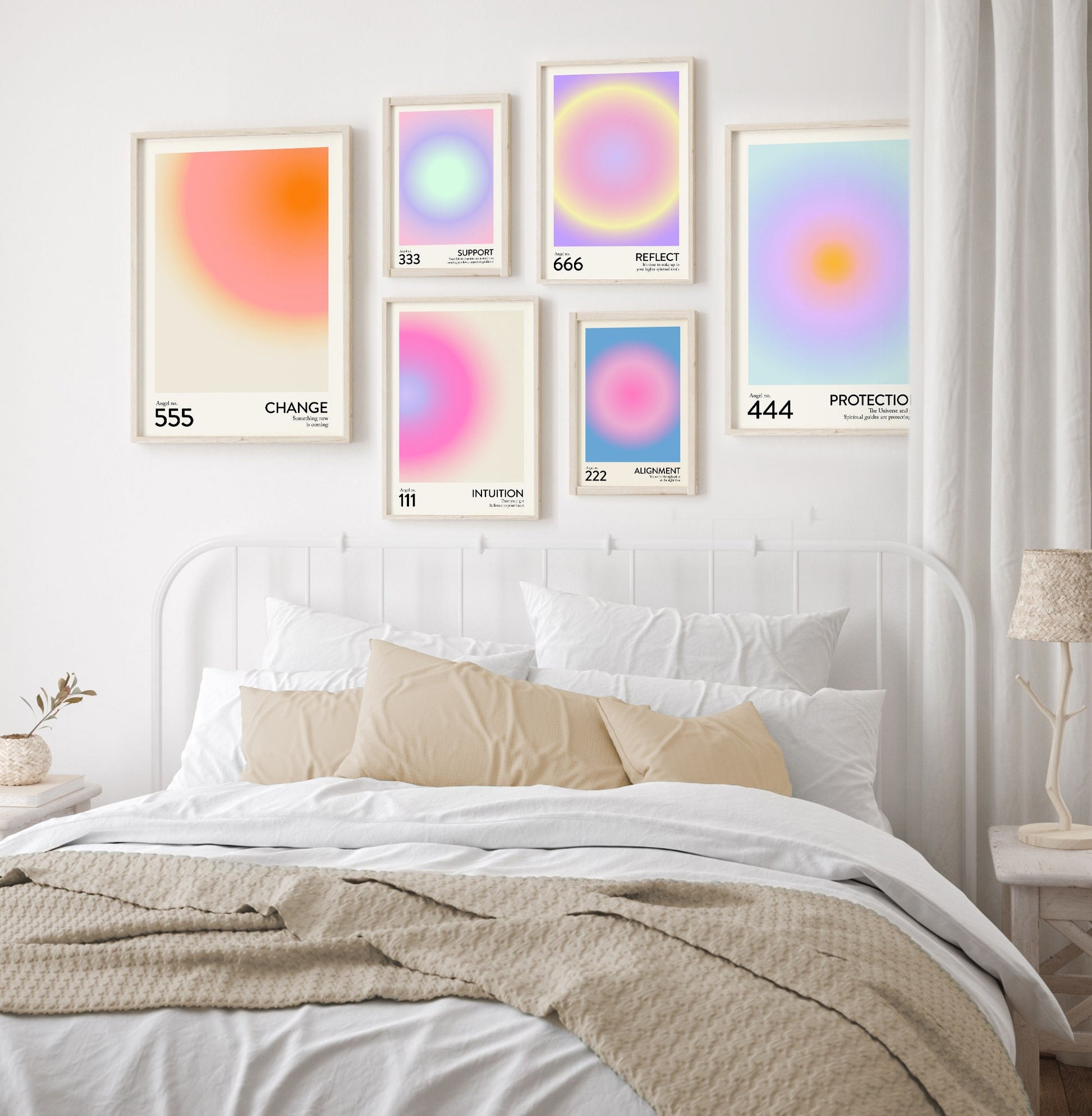 Angel Number Poster Set of 9 | Trendy Gradient Aura Energy Spiritual Wall Art 222, 333, 666, 888 | Aesthetic Room Decor | Instant Download