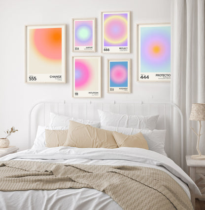 Angel Number Poster Set of 6 | Trendy Gradient Aura Energy Spiritual Wall Art 222, 333, 666 | Aesthetic Room Decor | Instant Download