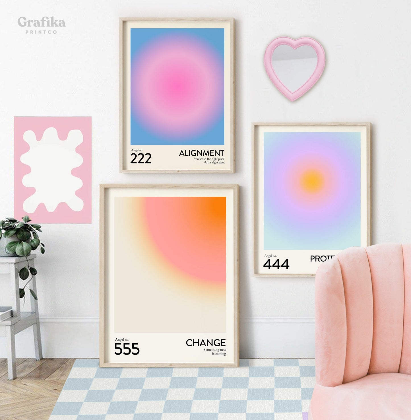 Angel Number Poster Set of 6 | Trendy Gradient Aura Energy Spiritual Wall Art 222, 333, 666 | Aesthetic Room Decor | Instant Download