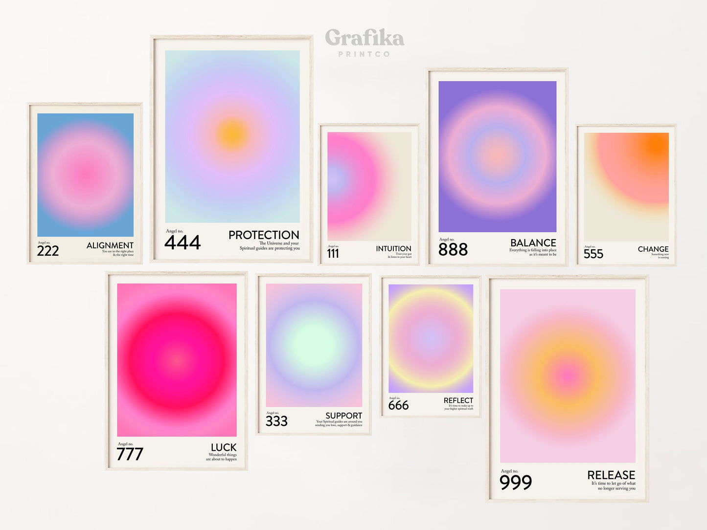 Angel Number Poster Set of 9 | Trendy Gradient Aura Energy Spiritual Wall Art 222, 333, 666, 888 | Aesthetic Room Decor | Instant Download