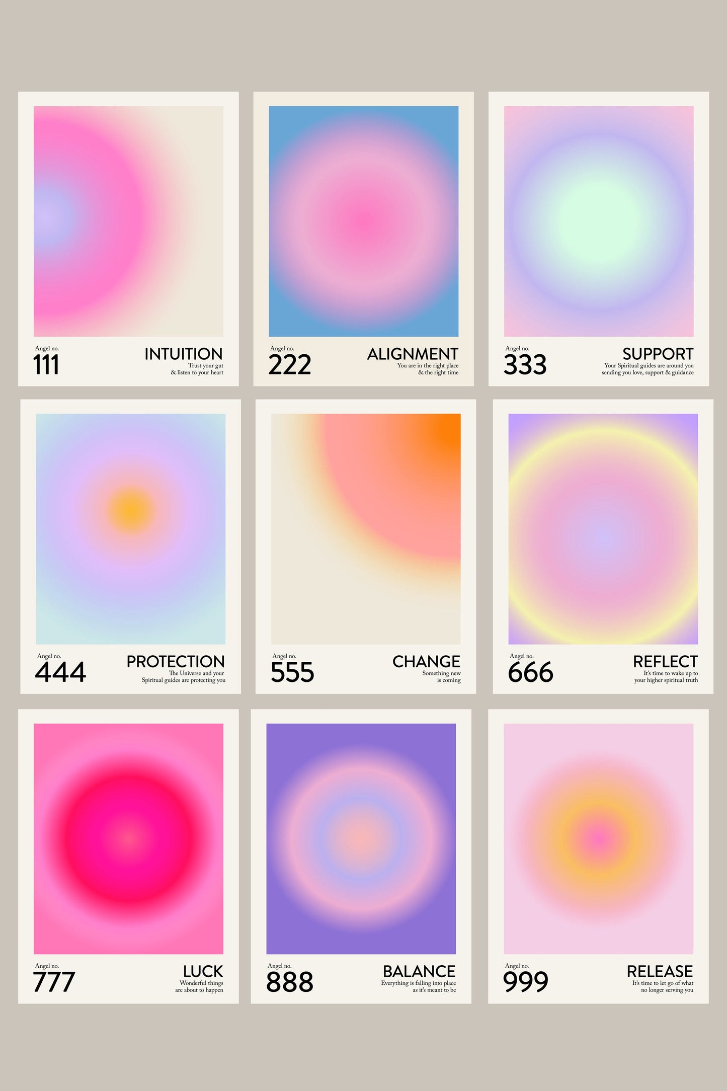 Angel Number Poster Set of 9 | Trendy Gradient Aura Energy Spiritual Wall Art 222, 333, 666, 888 | Aesthetic Room Decor | Instant Download