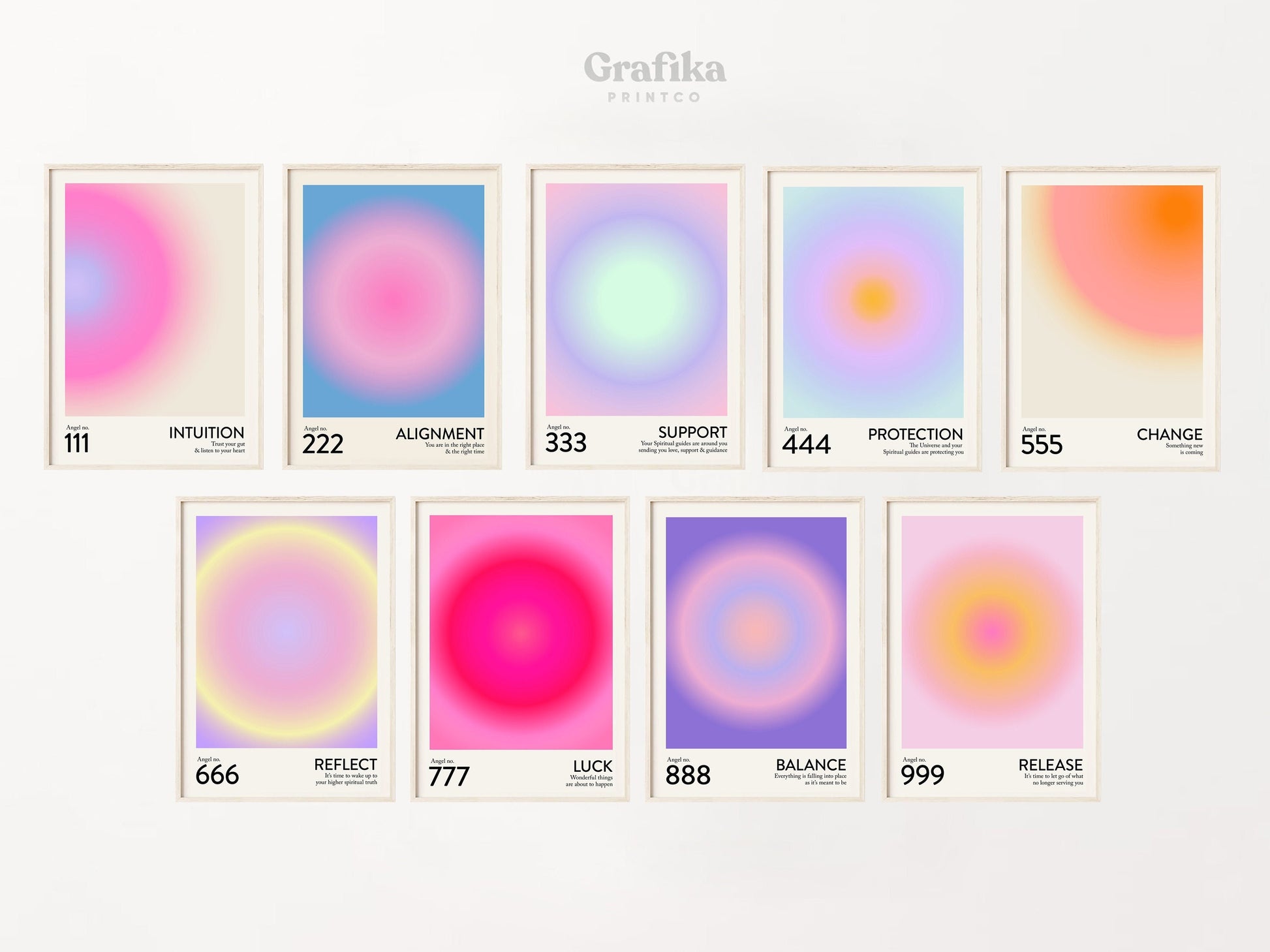 Angel Number Poster Set of 9 | Trendy Gradient Aura Energy Spiritual Wall Art 222, 333, 666, 888 | Aesthetic Room Decor | Instant Download