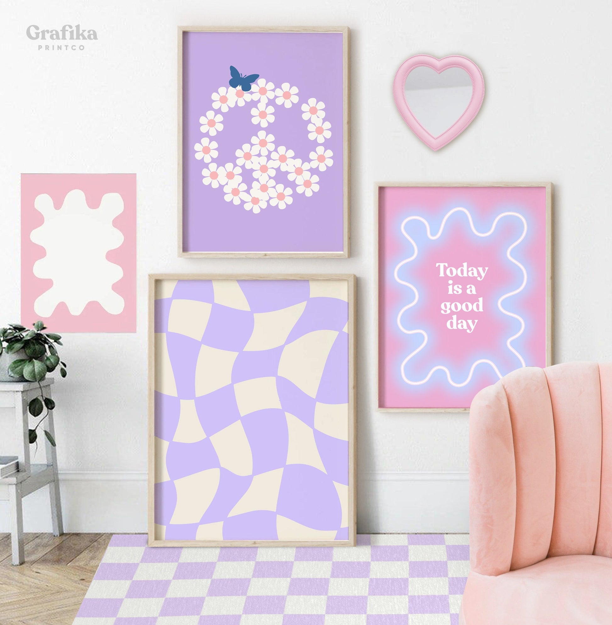 Purple Pink Danish Pastel Poster Set | Pinterest Prints | Aesthetic Room Decor | Funky Daisy Positive Quote Heart Flower Checkerboard