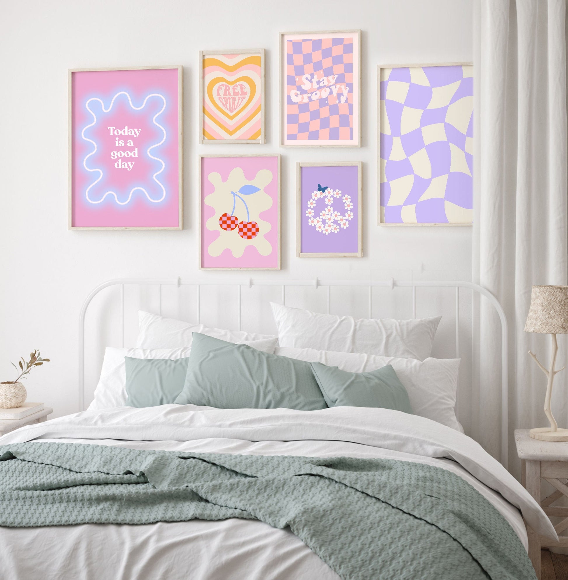 Purple Pink Danish Pastel Poster Set | Pinterest Prints | Aesthetic Room Decor | Funky Daisy Positive Quote Heart Flower Checkerboard