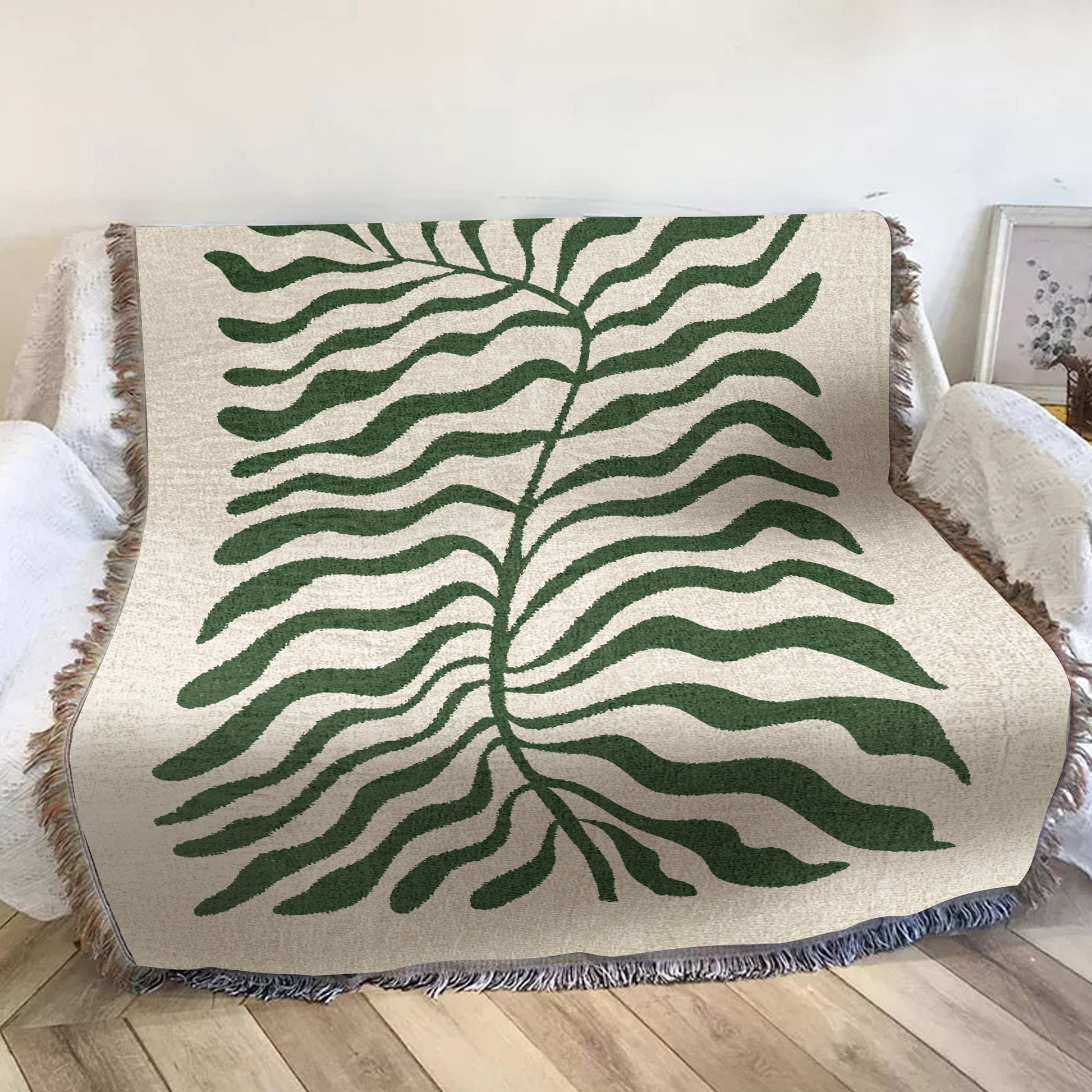 Sage Green Matisse Leaf Travel Blanket | Earth Tone Modern Minimalist Funky Tapestry Woven Blanket | Fringe Sofa Picnic Beach Outdoor Throw